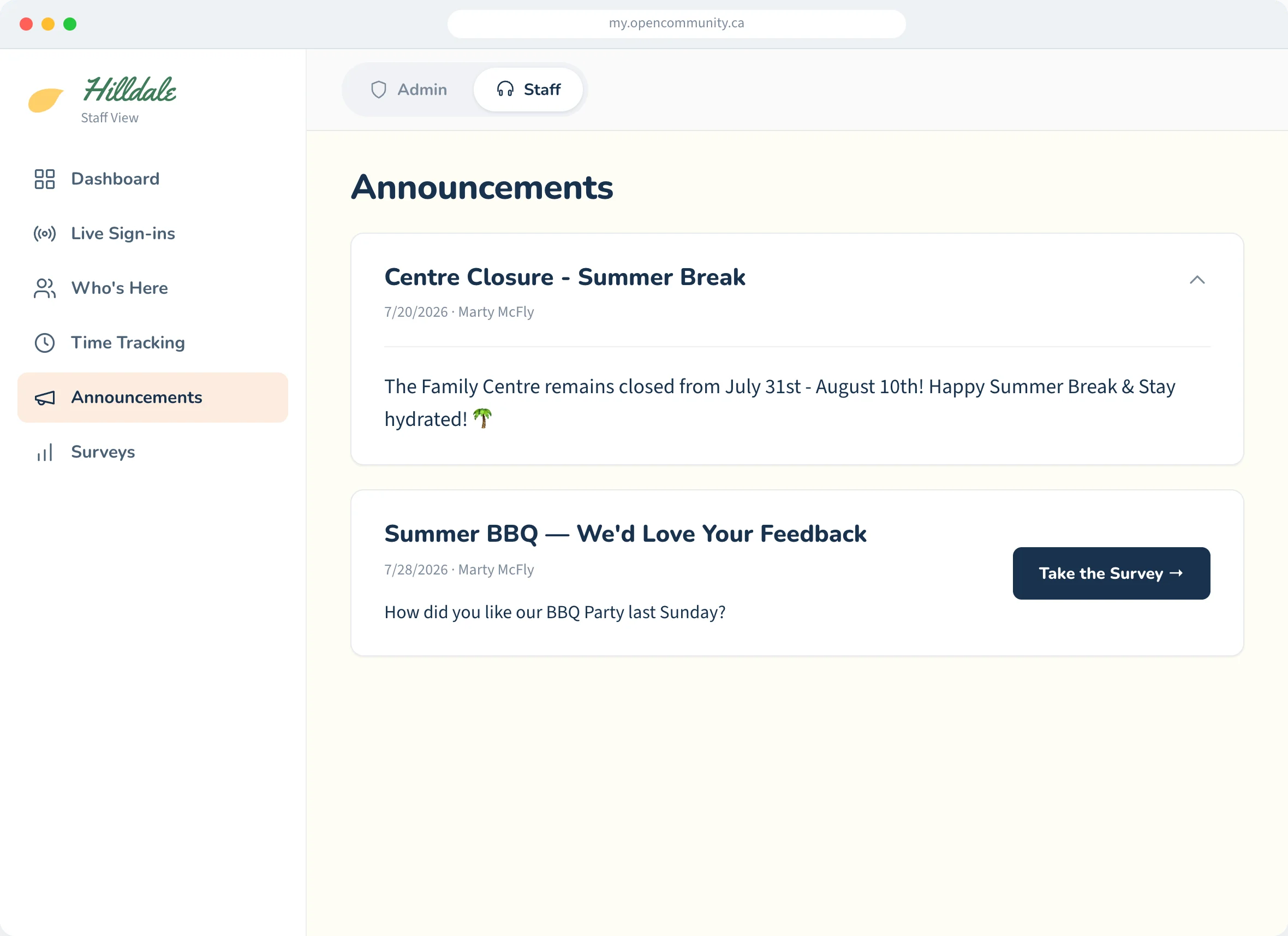 OpenCommunity Announcements: a centre closure notice and a member feedback survey.