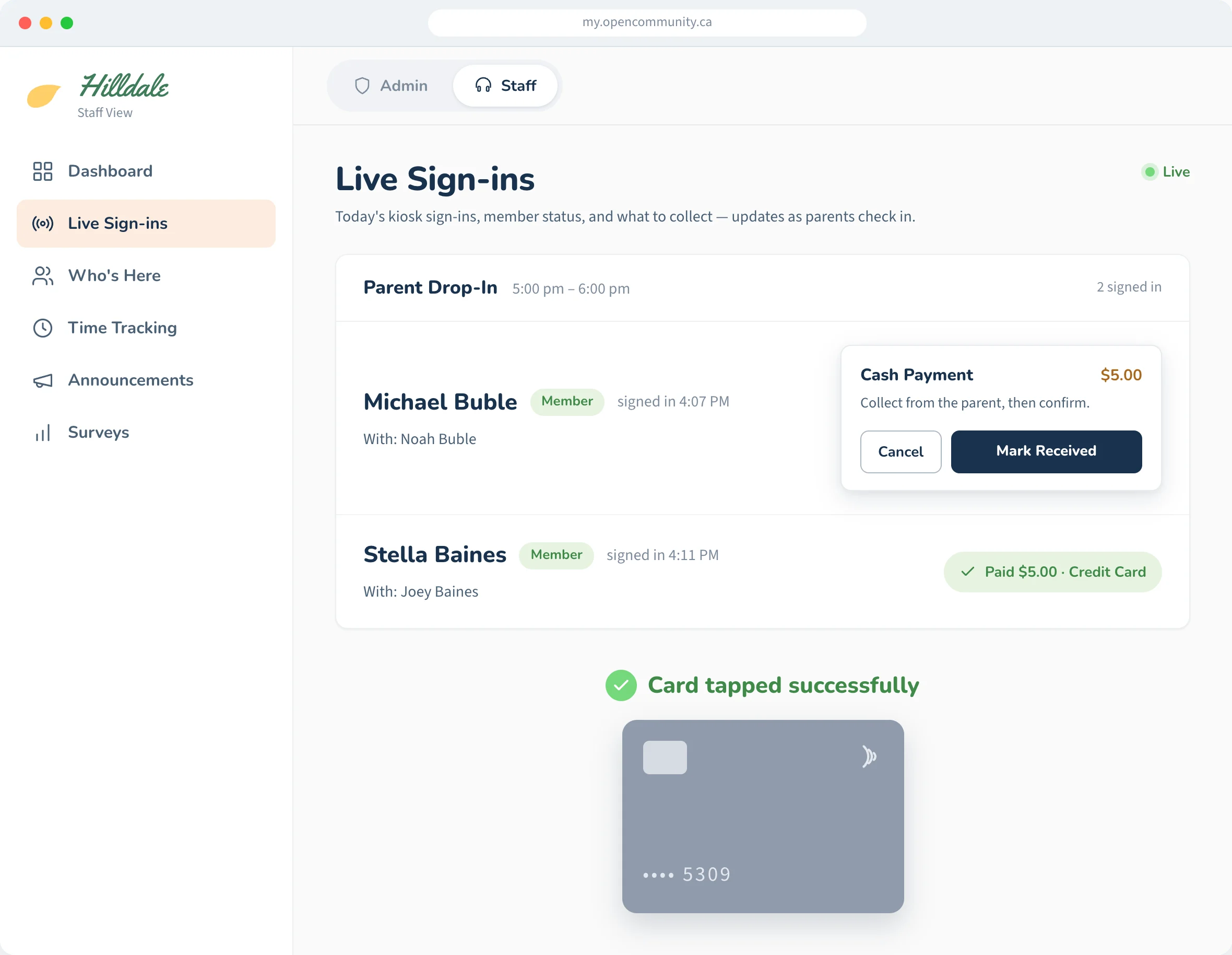 OpenCommunity Live Sign-ins: a cash payment being collected and a card payment marked Paid.